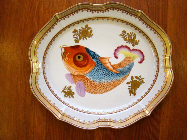 A gorgeous large 16 inch Chinese Export armorial 'style' platter with carp motif by Mottahedeh.